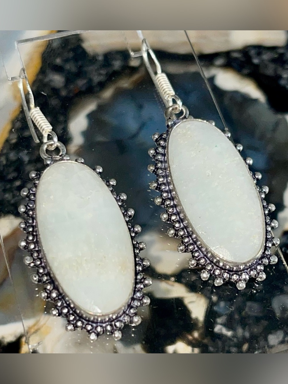 Colorless Teal Hemimorphite Crystal Earrings 2 1/4”